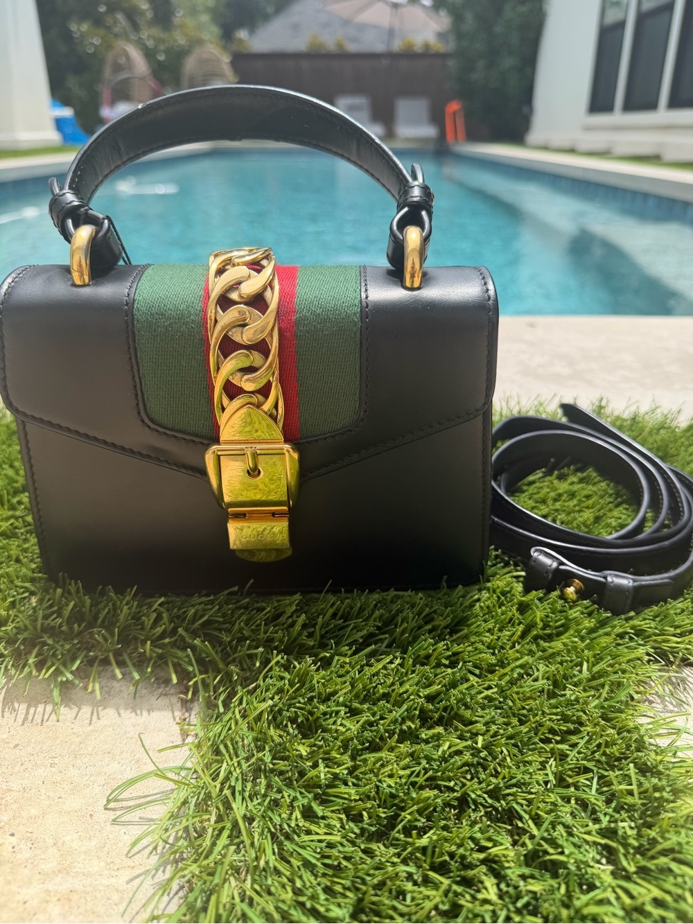 Auth GUCCI Sylvie Sherry Line 2Way Shoulder Bag Black Gold Hardware